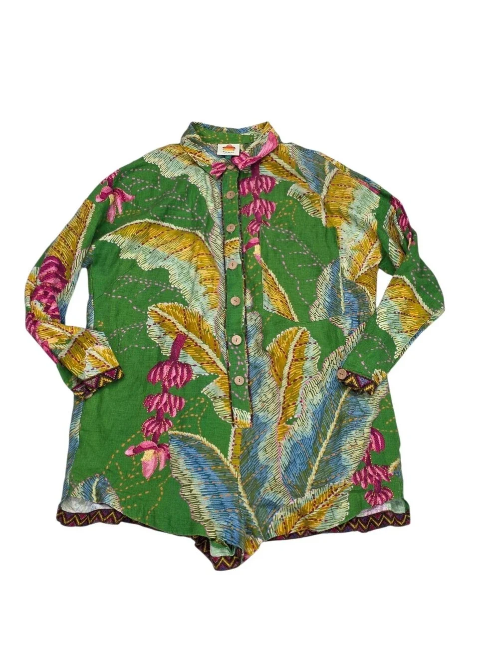 Farm Rio Green Linen Printed Romper Size Large